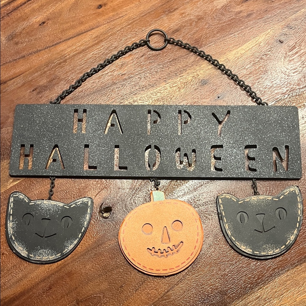 Halloween Metal Wall Hanging with Cats and Pumpkin